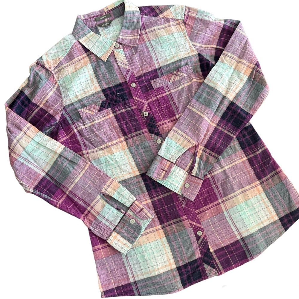 Eddie Bauer Women’s Purple Plaid Cotton Long Sleeve Button Shirt Blouse Size Med